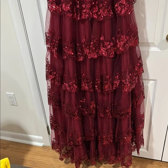 Stacees Red burgundy A-line Corset Tiered Ruffle Slit Prom Dress with Sequins - Picture 10 of 10